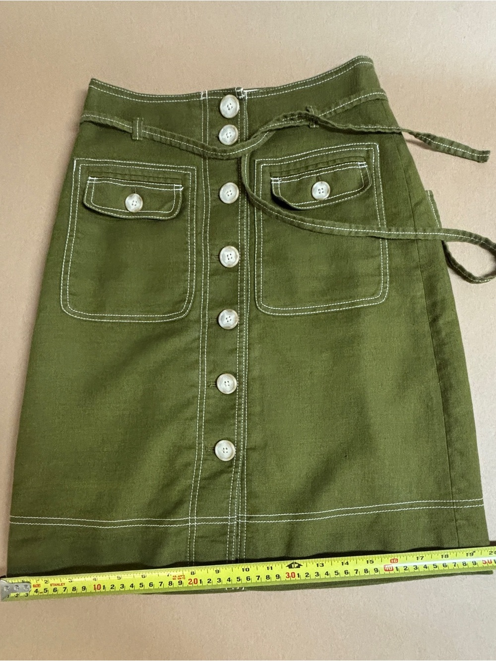 🦒 J. Crew Olive Green Button-Front A-Line Skirt with Waist Tie - Picture 6 of 9